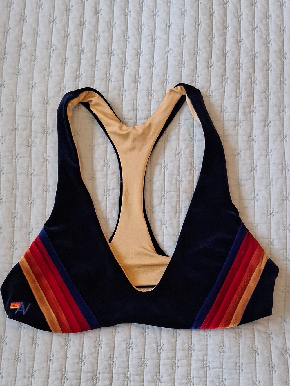 Aviator Nation Navy Velvet Bikini Top with Iconic Sunset Stripes